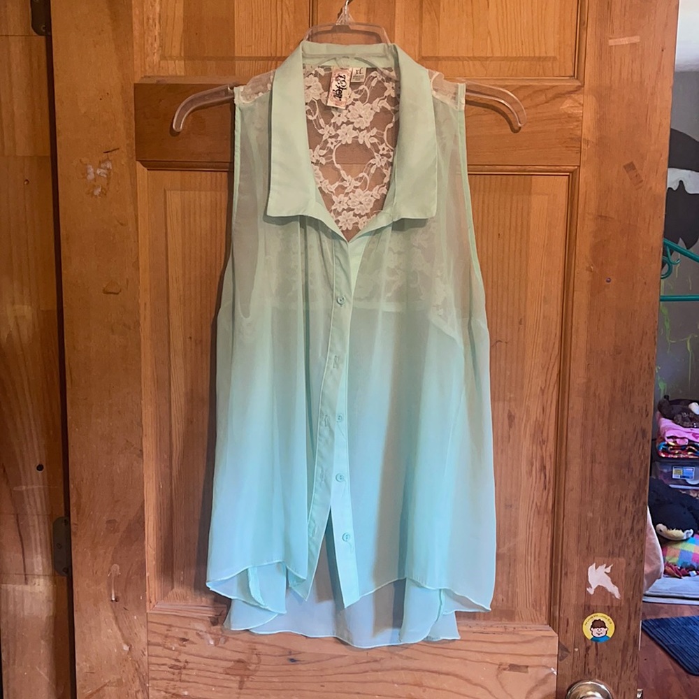 Mint green button up top-Lace Back
